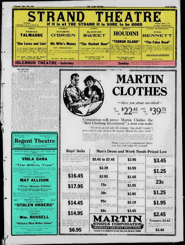 Regent Theater - May 27 1920 Ads Showing All 3 Theaters